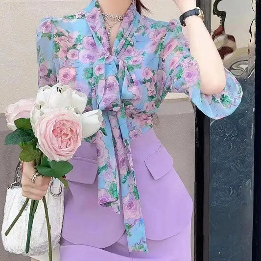 Conjunto Chiffon Primavera – Blusa Floral & Calça Pantalona