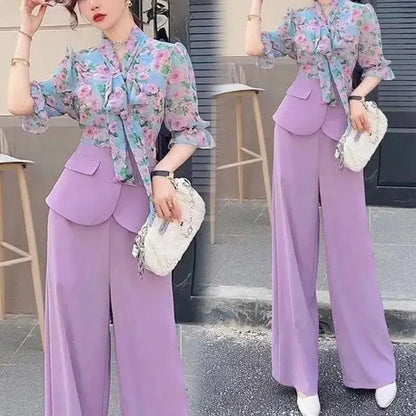 Conjunto Chiffon Primavera – Blusa Floral & Calça Pantalona