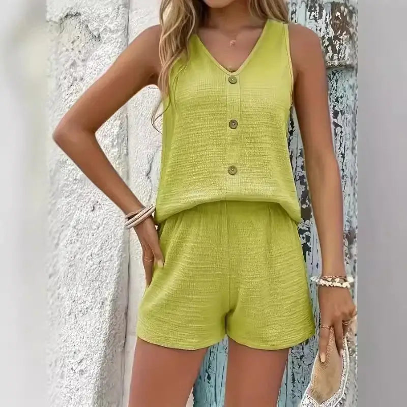 Conjunto de Tecido Texturizado Blusa Sem Mangas E Short