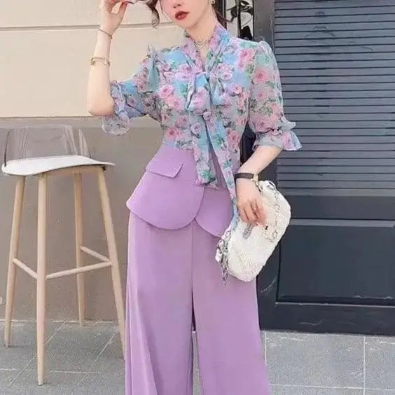 Conjunto Chiffon Primavera – Blusa Floral & Calça Pantalona