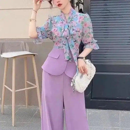 Conjunto Chiffon Primavera – Blusa Floral & Calça Pantalona