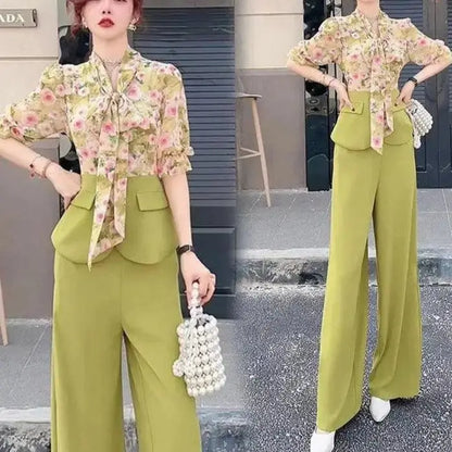 Conjunto Chiffon Primavera – Blusa Floral & Calça Pantalona