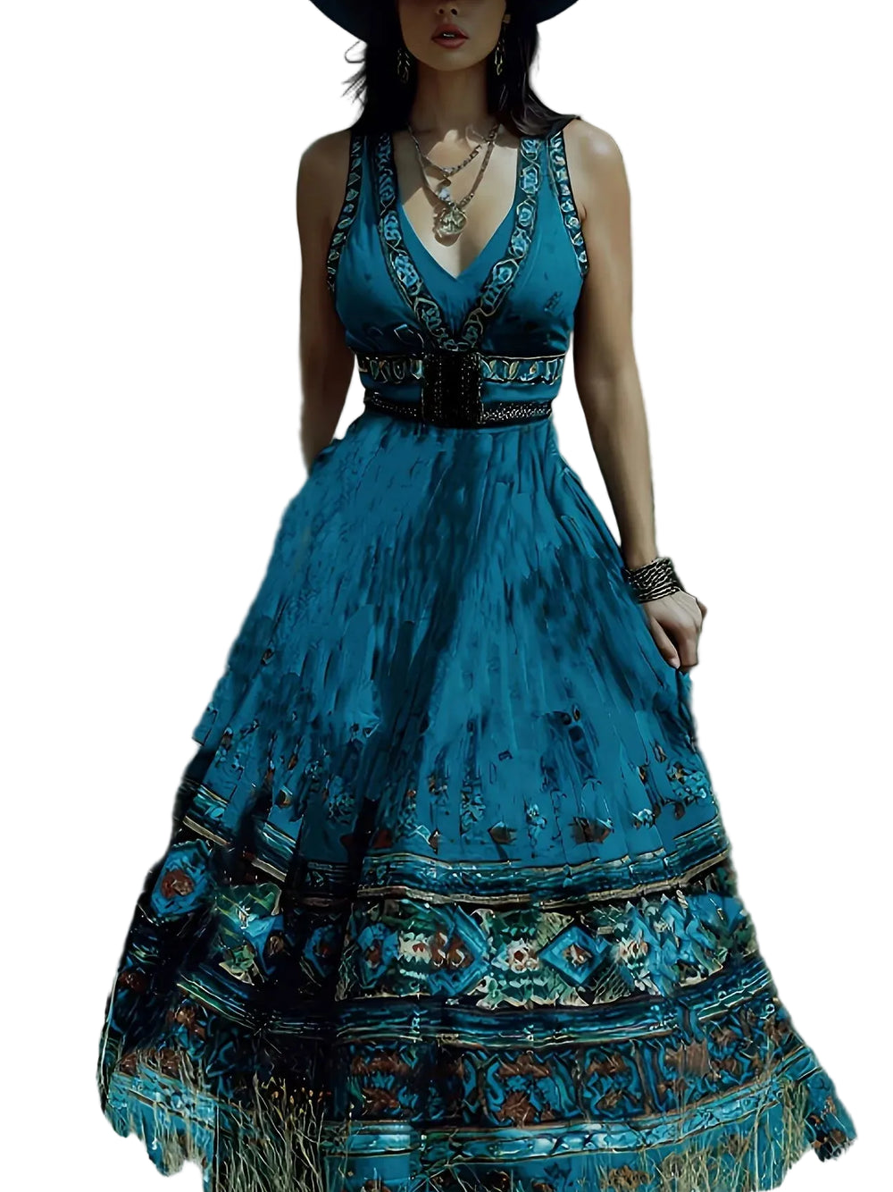 Vestido Maxi Sem Mangas Vintage Ocidental