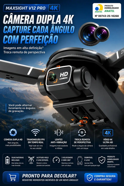 Drone MaxSight V12 Pro 4K - Câmera Dupla HD, Lentes Anti-Vibração e Duas Baterias