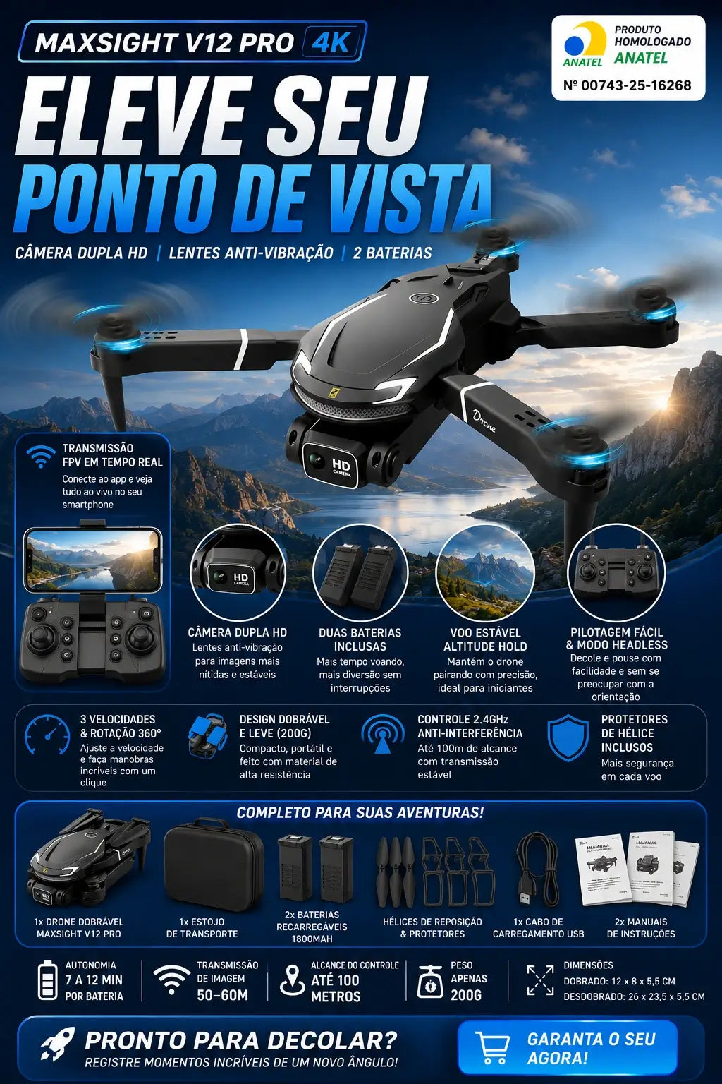Drone MaxSight V12 Pro 4K - Câmera Dupla HD, Lentes Anti-Vibração e Duas Baterias