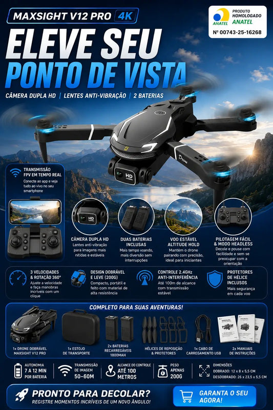 Drone MaxSight V12 Pro 4K - Câmera Dupla HD, Lentes Anti-Vibração e Duas Baterias